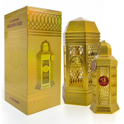 Dark Goldenrod Golden Oud 100ml By Al Haramain Majestic Blend Consists Of The Finest, Original Dehnal Oud, Extracted From the Khasiana Tree